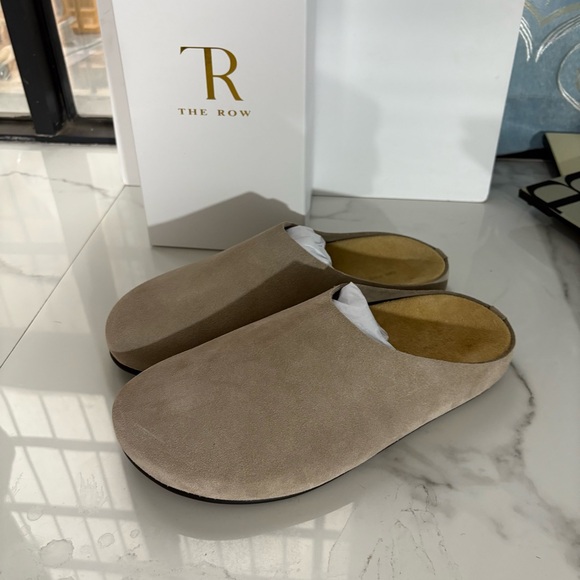 The Row Shoes - The Row Taupe Suede Slip-On Mules